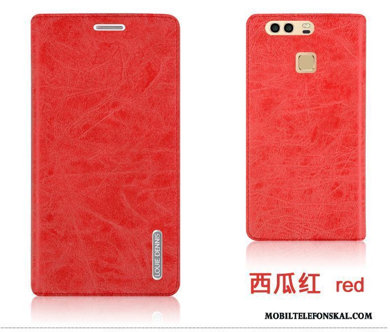 Huawei P9 Plus Mobil Telefon Bakre Omslag Röd Fallskydd Clamshell Skal Läderfodral