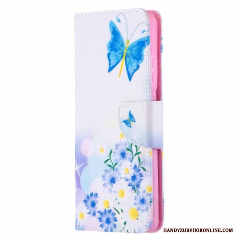 Läderfodral Samsung Galaxy S21 Ultra 5G Målade Fjärilar Och Blommor