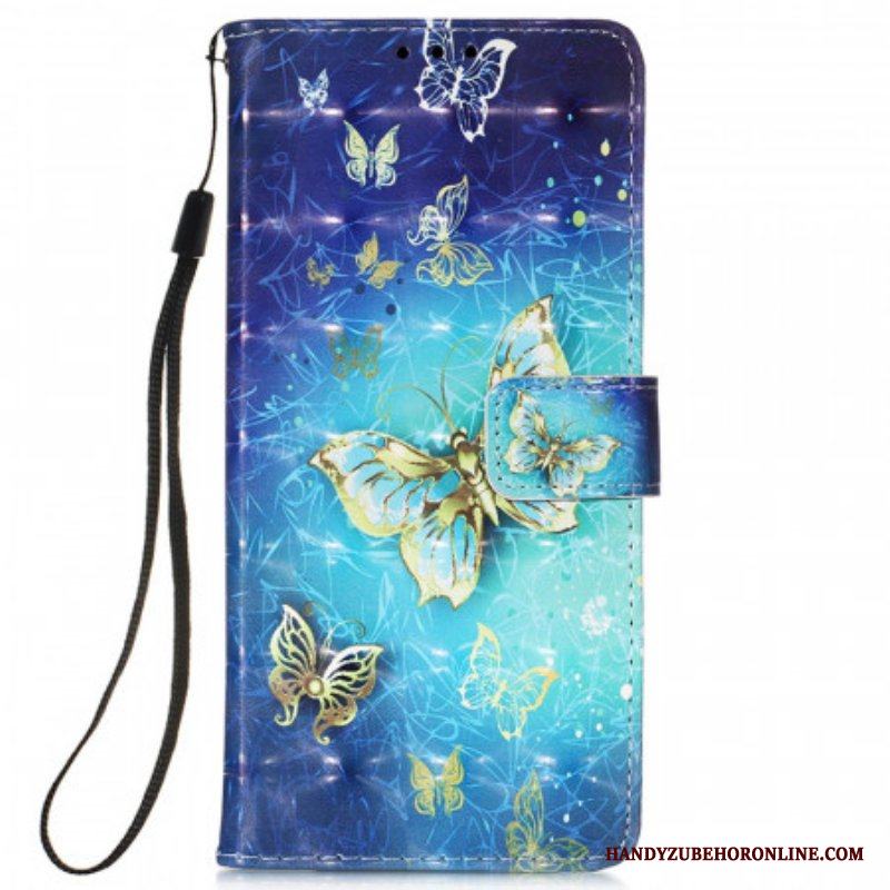 Läderfodral Samsung Galaxy S22 Ultra 5G Golden Butterflies Lanyard