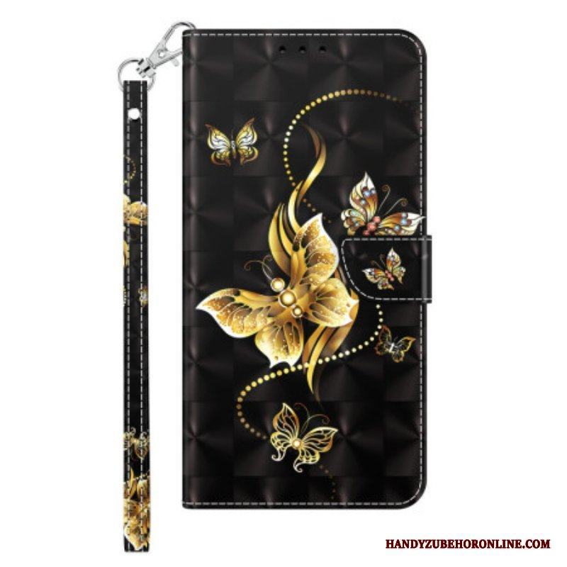 Läderfodral iPhone 14 Med Kedjar Gyllene Fjärilar Med Rem