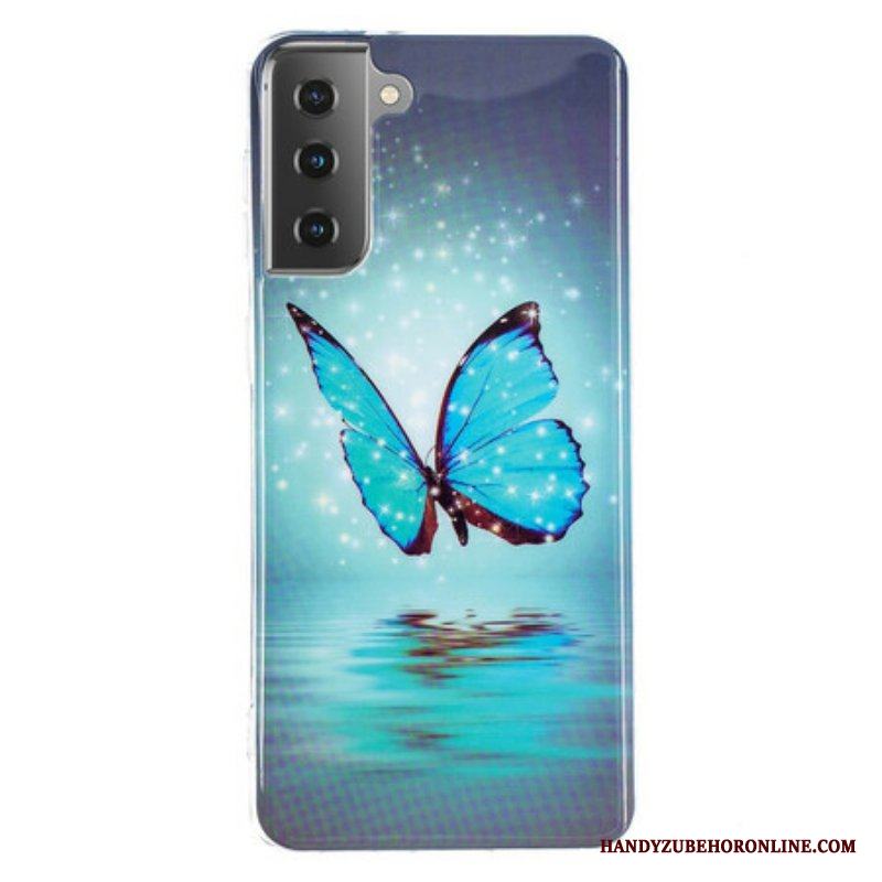 Mobilskal Samsung Galaxy S21 5G Fluorescerande Blå Fjäril