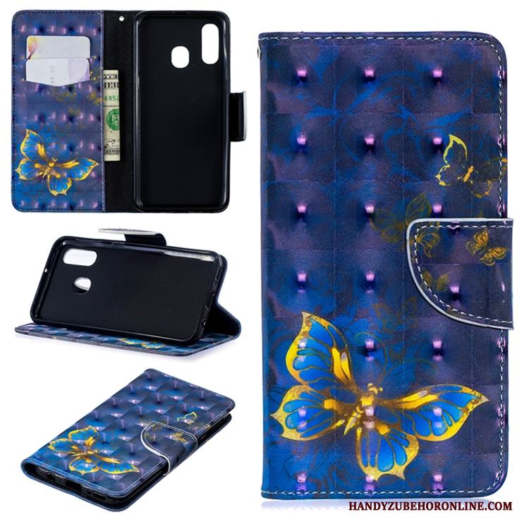 Samsung Galaxy A40 Täcka Blå Trend Stjärna Läderfodral Skal Telefon Plånbok