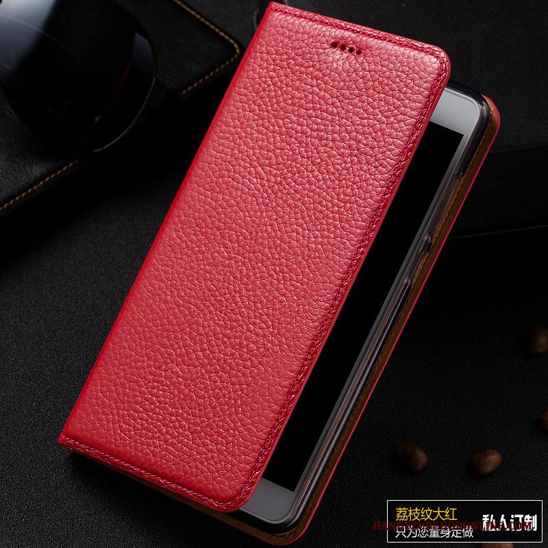 Samsung Galaxy A50 Skal Stjärna Läderfodral Fallskydd Röd Litchi Äkta Läder Mobil Telefon