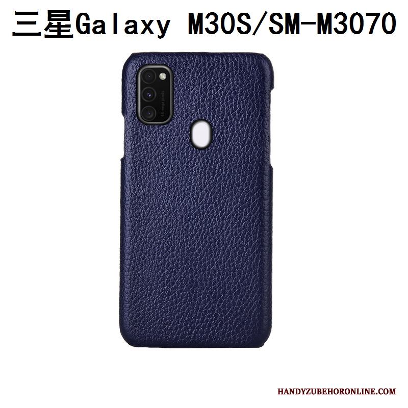 Samsung Galaxy M30s Mode Lyxiga Blå Fallskydd Äkta Läder Skal Telefon Litchi