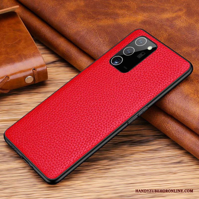 Samsung Galaxy Note20 Röd Läderfodral Äkta Läder Stjärna All Inclusive Skal Telefon Bakre Omslag