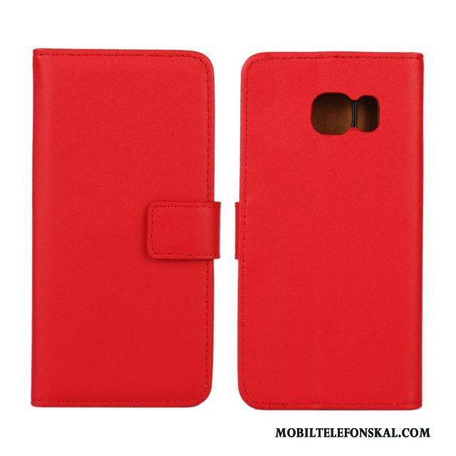 Samsung Galaxy S6 Edge Mönster Mobil Telefon Plånbok Skydd Röd Äkta Läder Skal