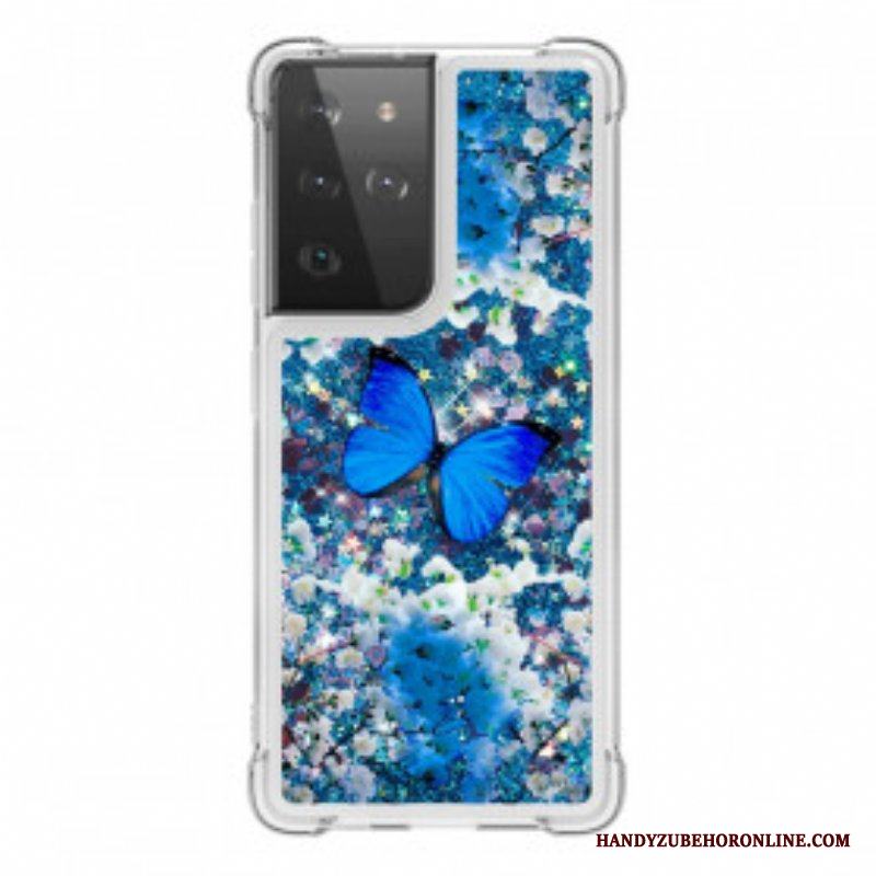 Skal Samsung Galaxy S21 Ultra 5G Glitter Blå Fjärilar