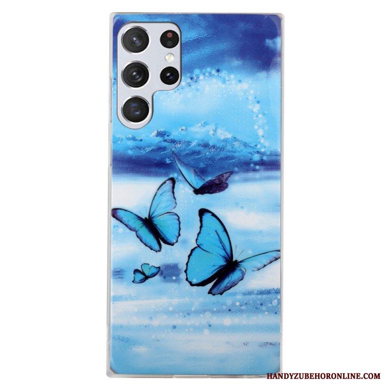 Skal Samsung Galaxy S22 Ultra 5G Fluorescerande Blå Fjärilar