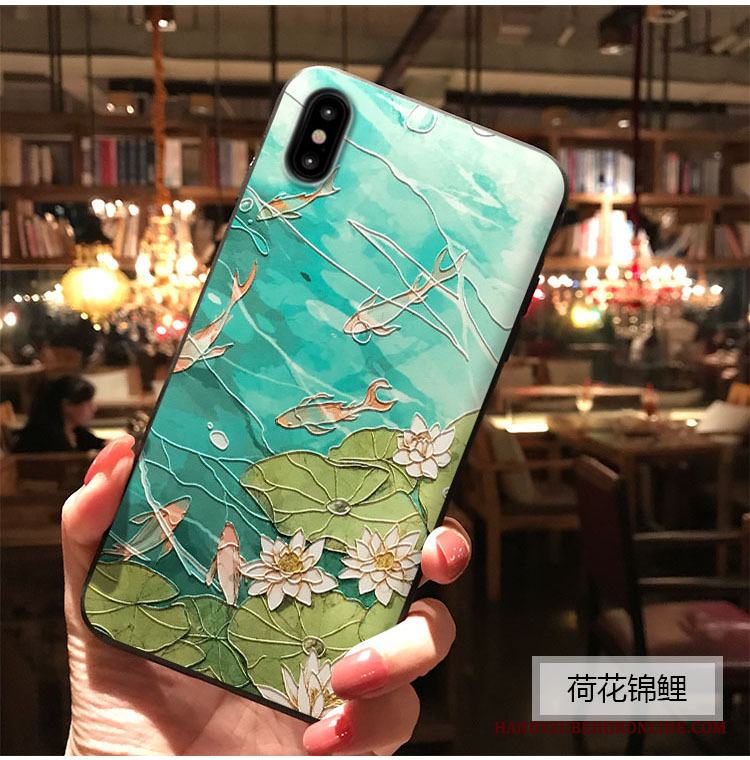 iPhone Xs Max Blommor Grön Skal Telefon Retro Lättnad Månad Kinesisk Stil